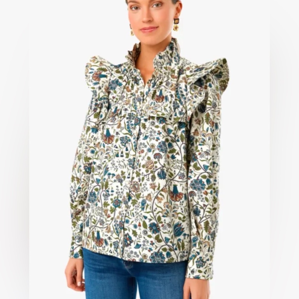 Tuckernuck Floral Ruffle-Shoulder Blouse in White, Blue, Green